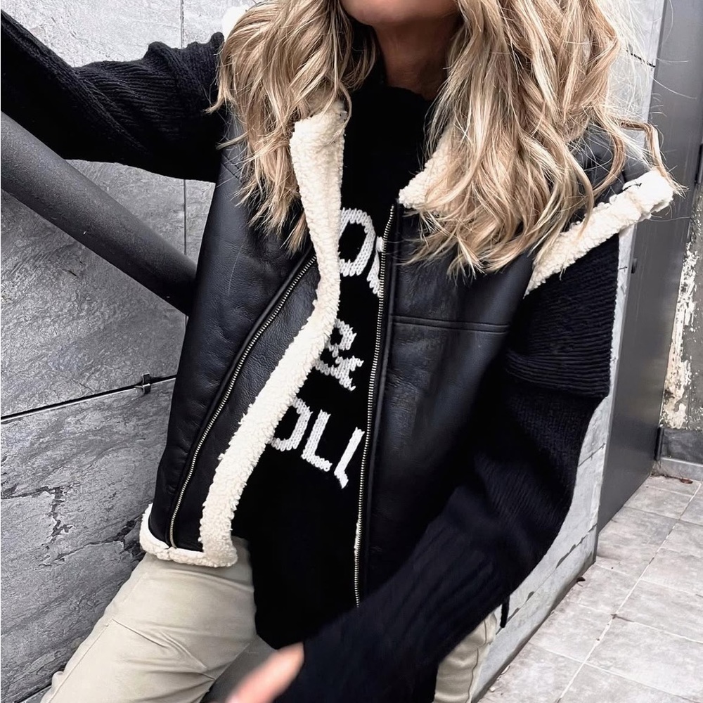Zara Black Faux Leather Vest with Cream Sherpa Trim